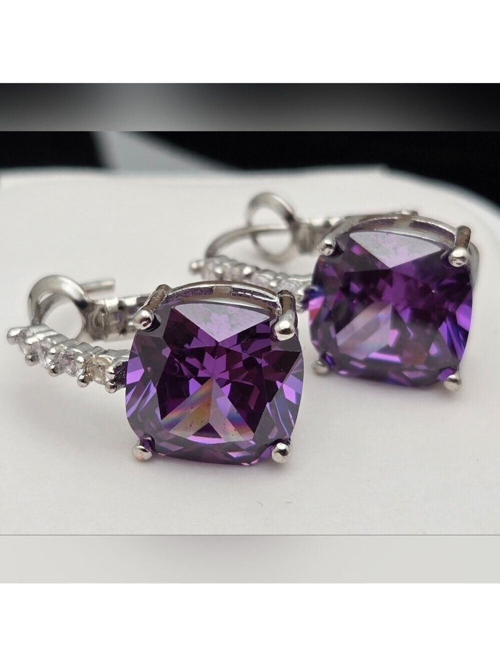 Purple Amethyst Diamond Gemstone Earrings 💜 w/Cz Accents Pierced